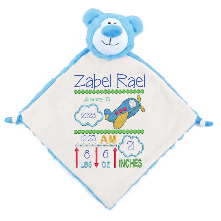Blue Bear Cute Personalized Lovey - AM Birth Announcement -