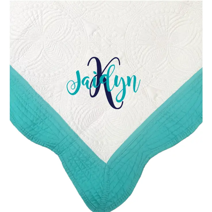 Teal and White Baby Quilt - First Name, Last Initial - Baby